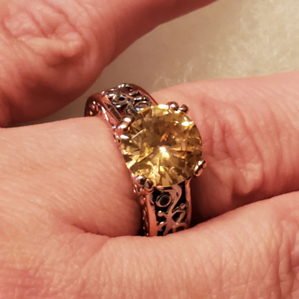Rose Gold Tone & Silver Tone Filigree w/CZ Accent & 3 Carat Peach CZ Ring